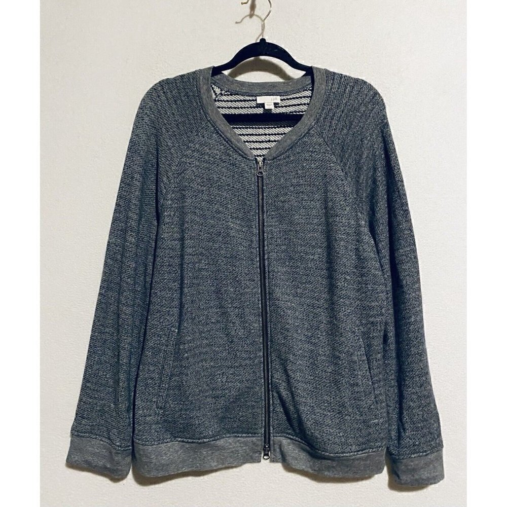 J Jill Jacket Womens Large Striped Raglan Sleeve Zip Up Pockets Blue Terry